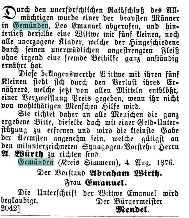 Anzeige in "Der Israelit" vom 16. August 1876
